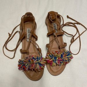 Steve Madden Tan Leather Lace Up Sandals with Pom Poms